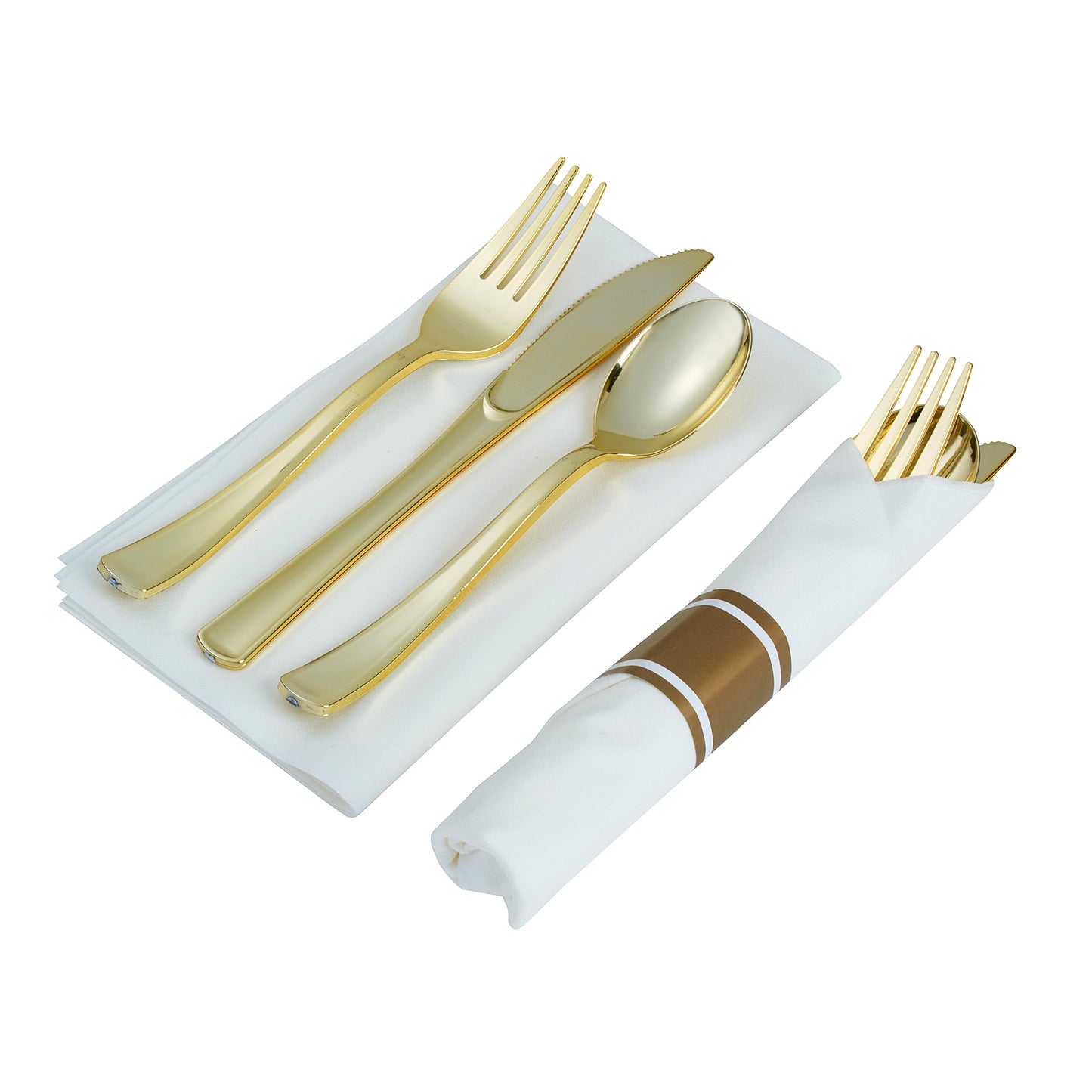 300-piece Gold Dinnerware Set for 50 guests Includes: 100 gold marble design plastic plates & 50 pre-wrapped gold silverware sets