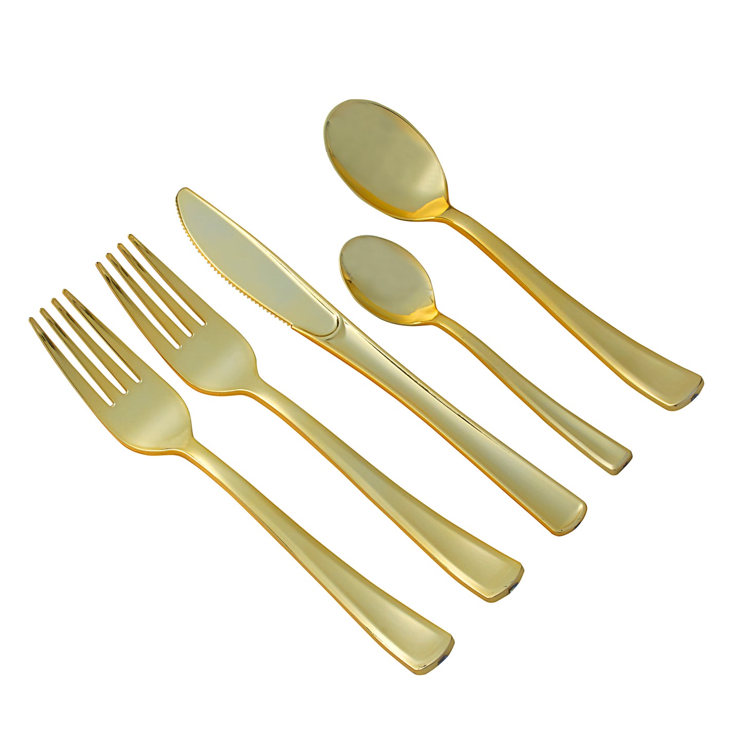 350-Piece Gold Dinnerware set for 50 guests Includes: 100 gold marble design plastic plates, 250 gold plastic silverware utensils